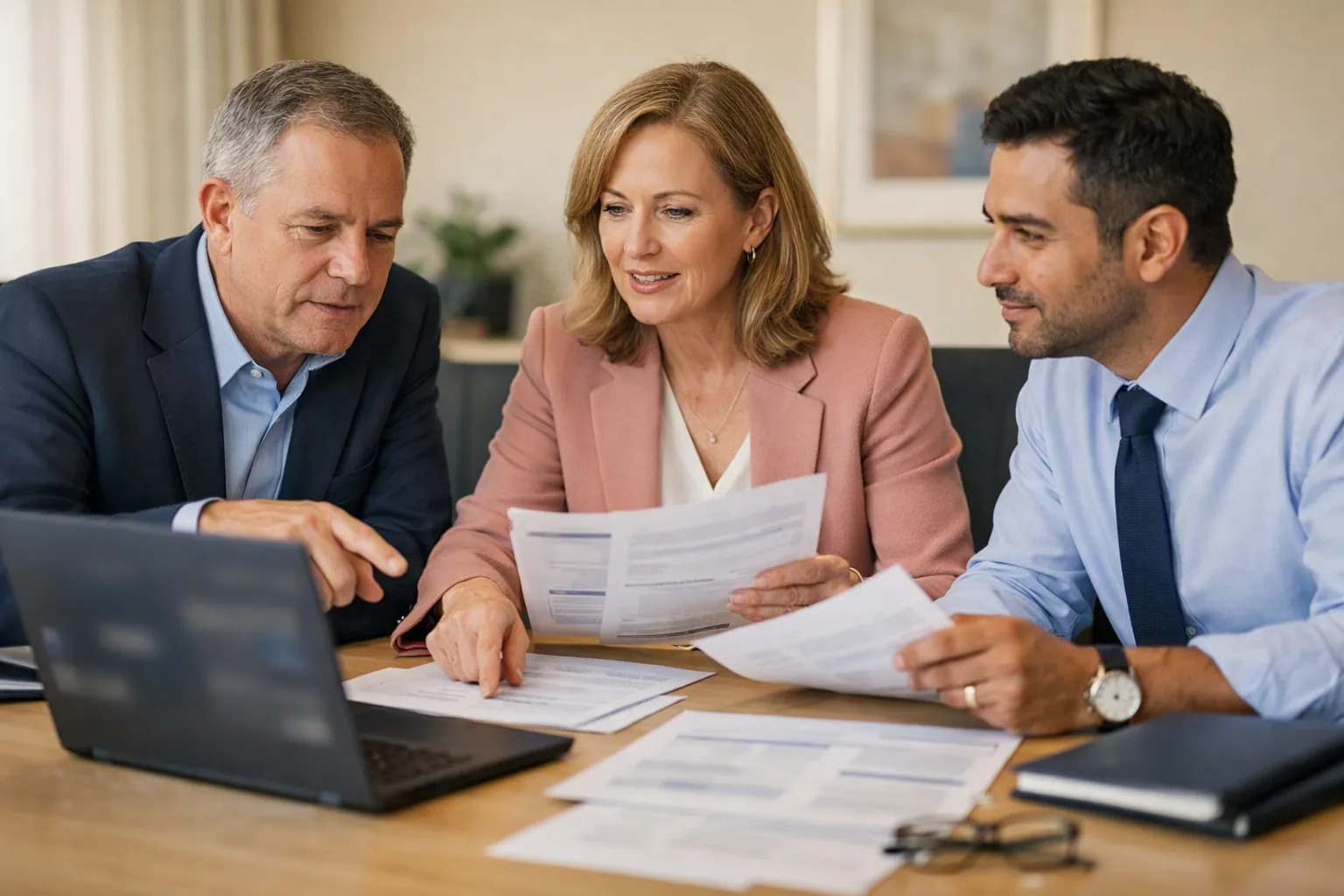 Three colleagues review proposal documents together at a conference table.